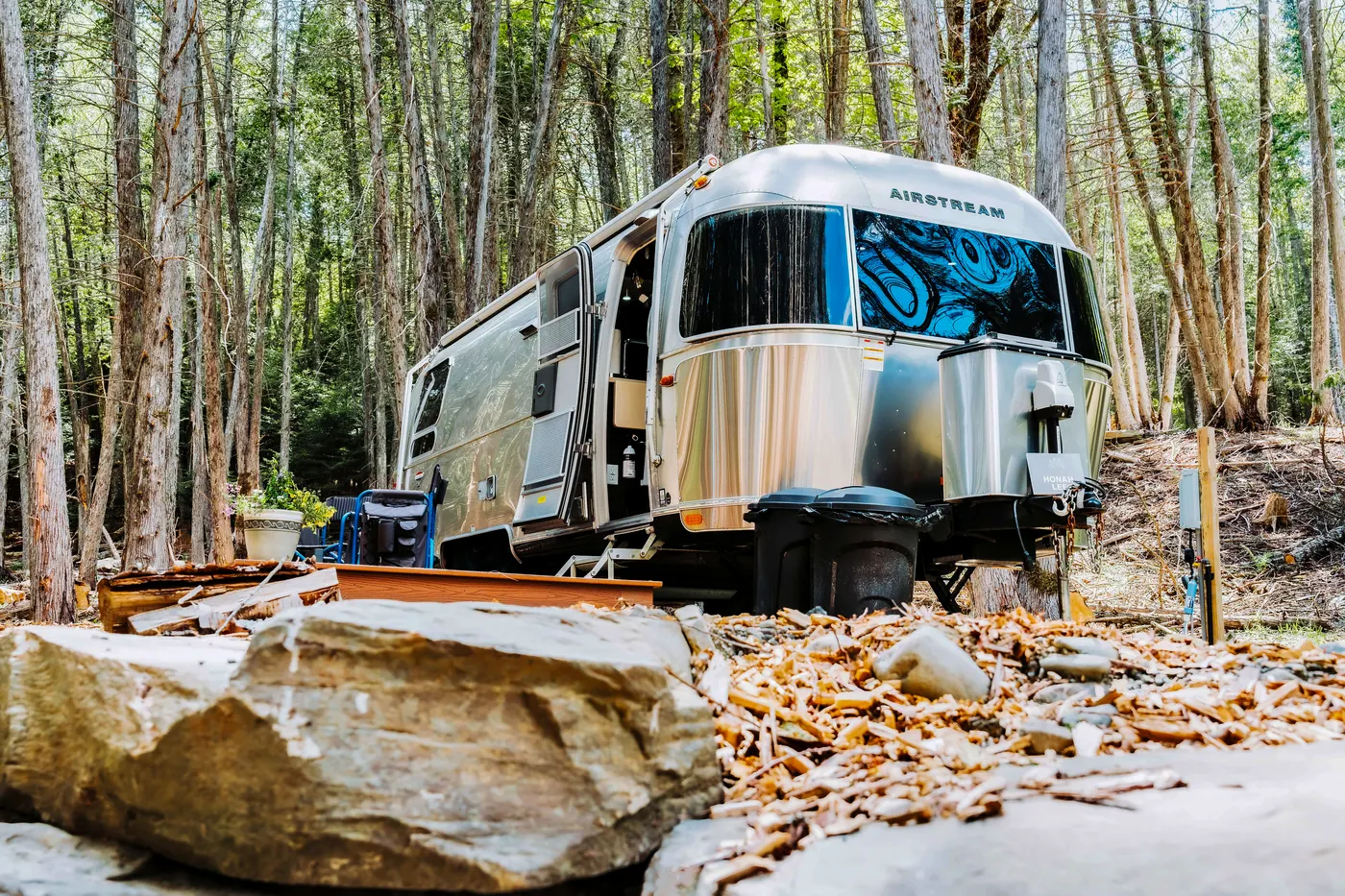 Front entry of the Airstream in the woods