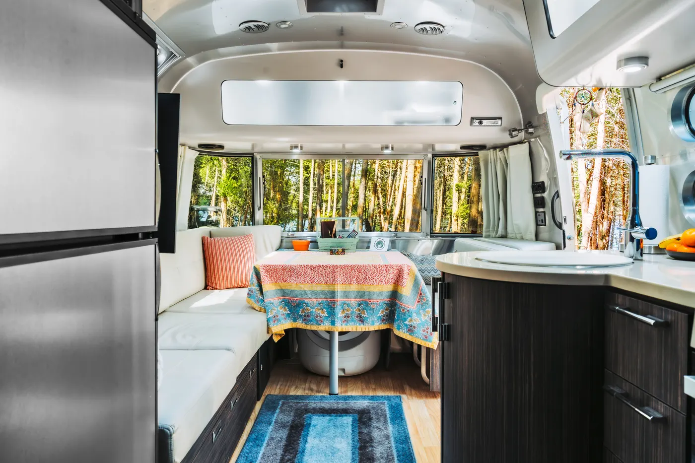 Airstream dinette and self-contained kitchen