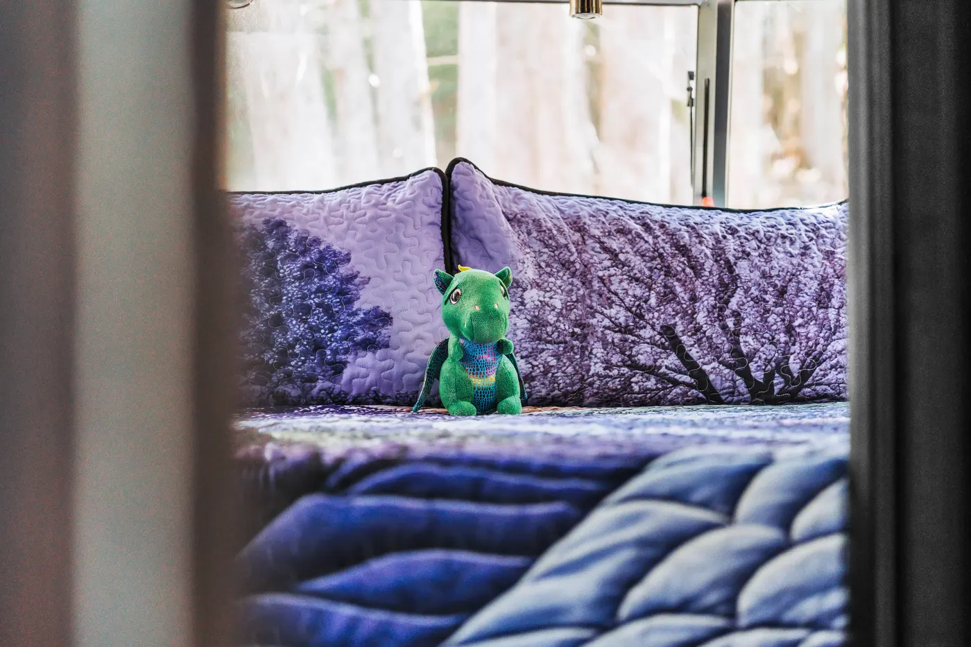 Dragonwood detail on the Airstream king bed