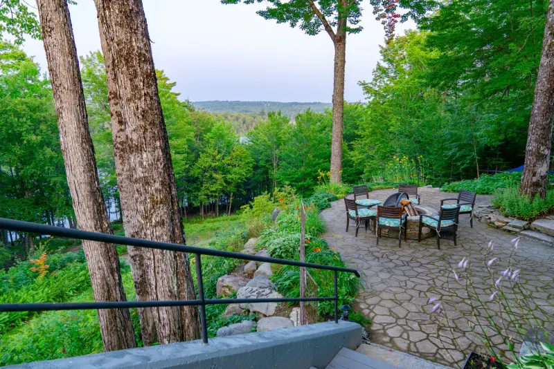 Stone patio at Dragonwood overlooking the grounds
