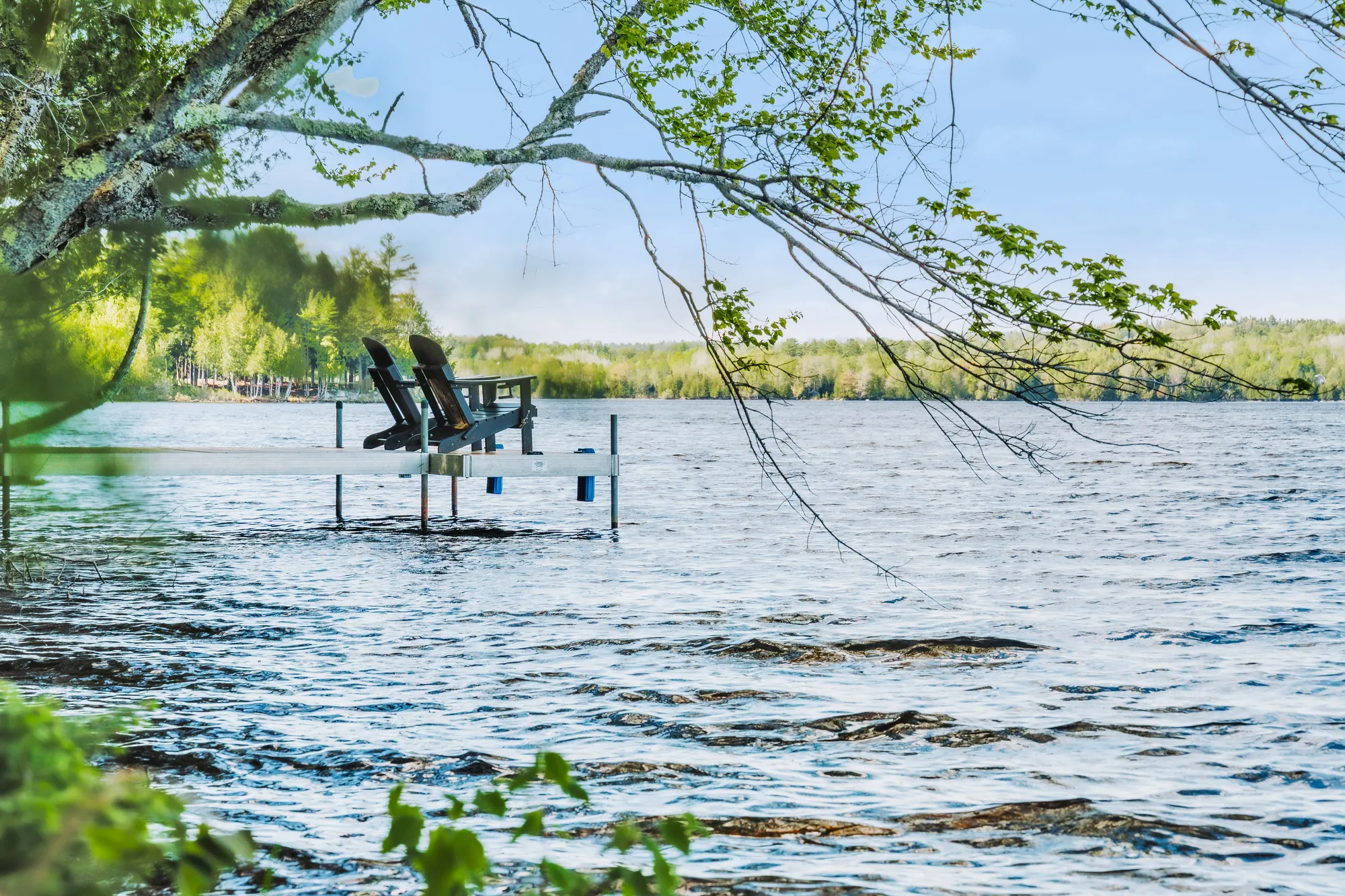 Dock on Manhanock Pond framed by trees